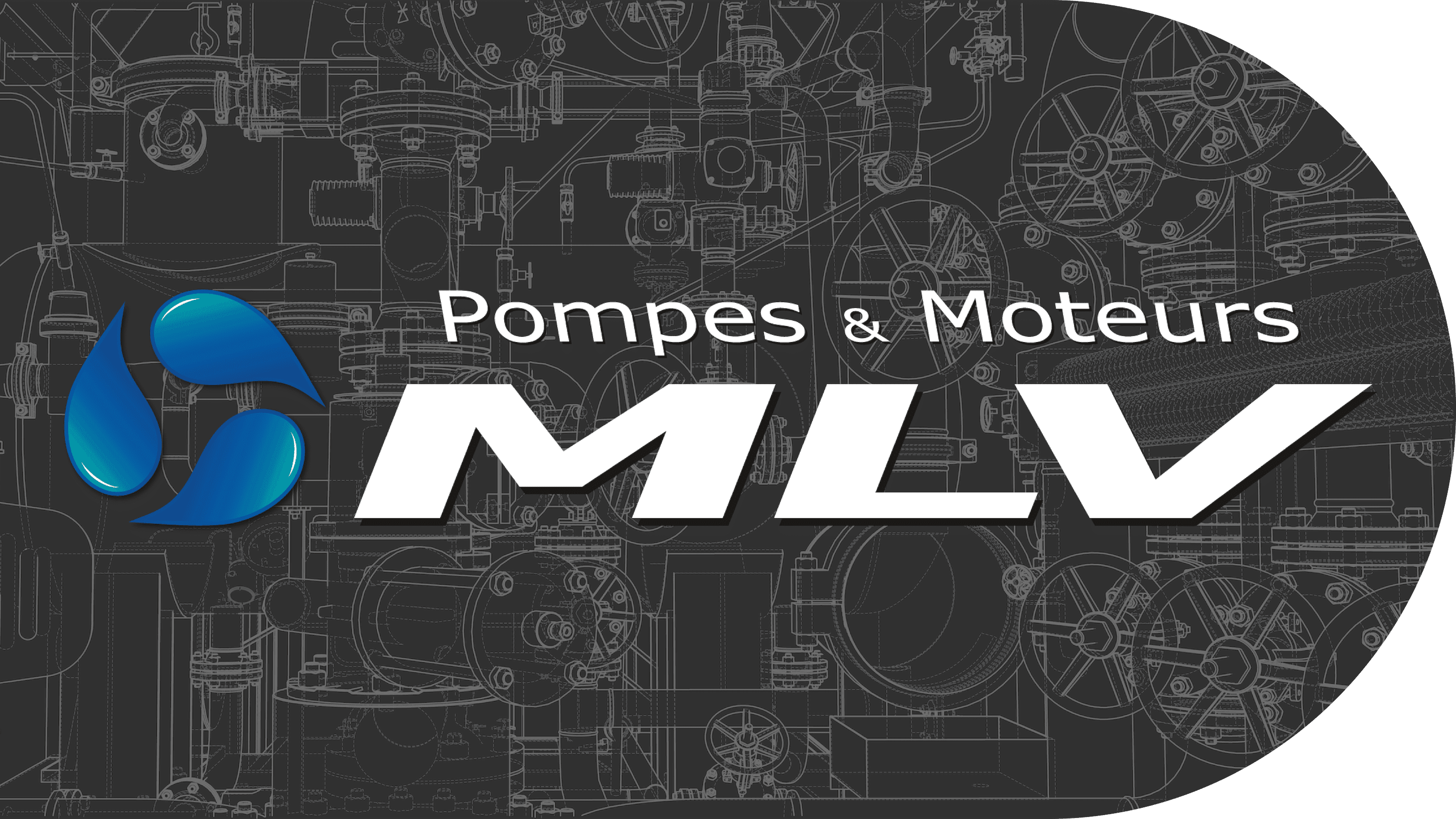 Logo de Pompes et Moteurs MLV sur blueprint gris foncé